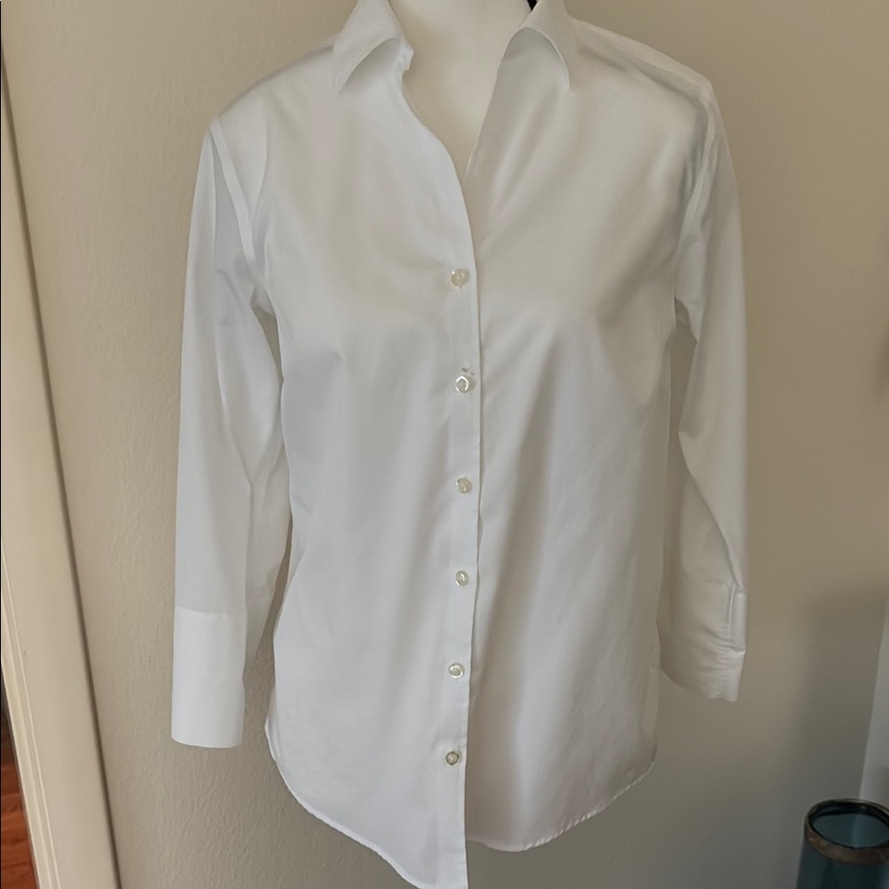 Lands' End White Fitted Button Down Shirt with Dress Collar
